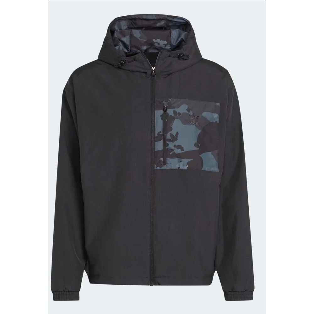 Adidas Graphics Camo Windbreaker Men Medium Black Ripstop Hooded Jacket NEW